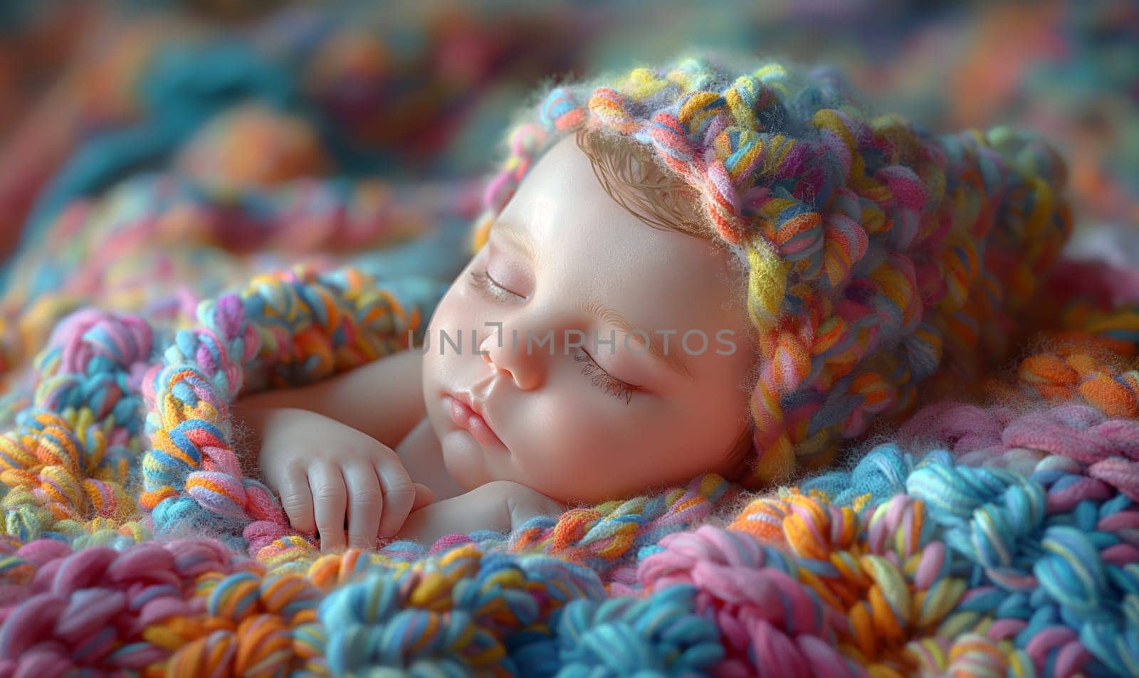 A small child sleeps in a knitted blanket. by Fischeron