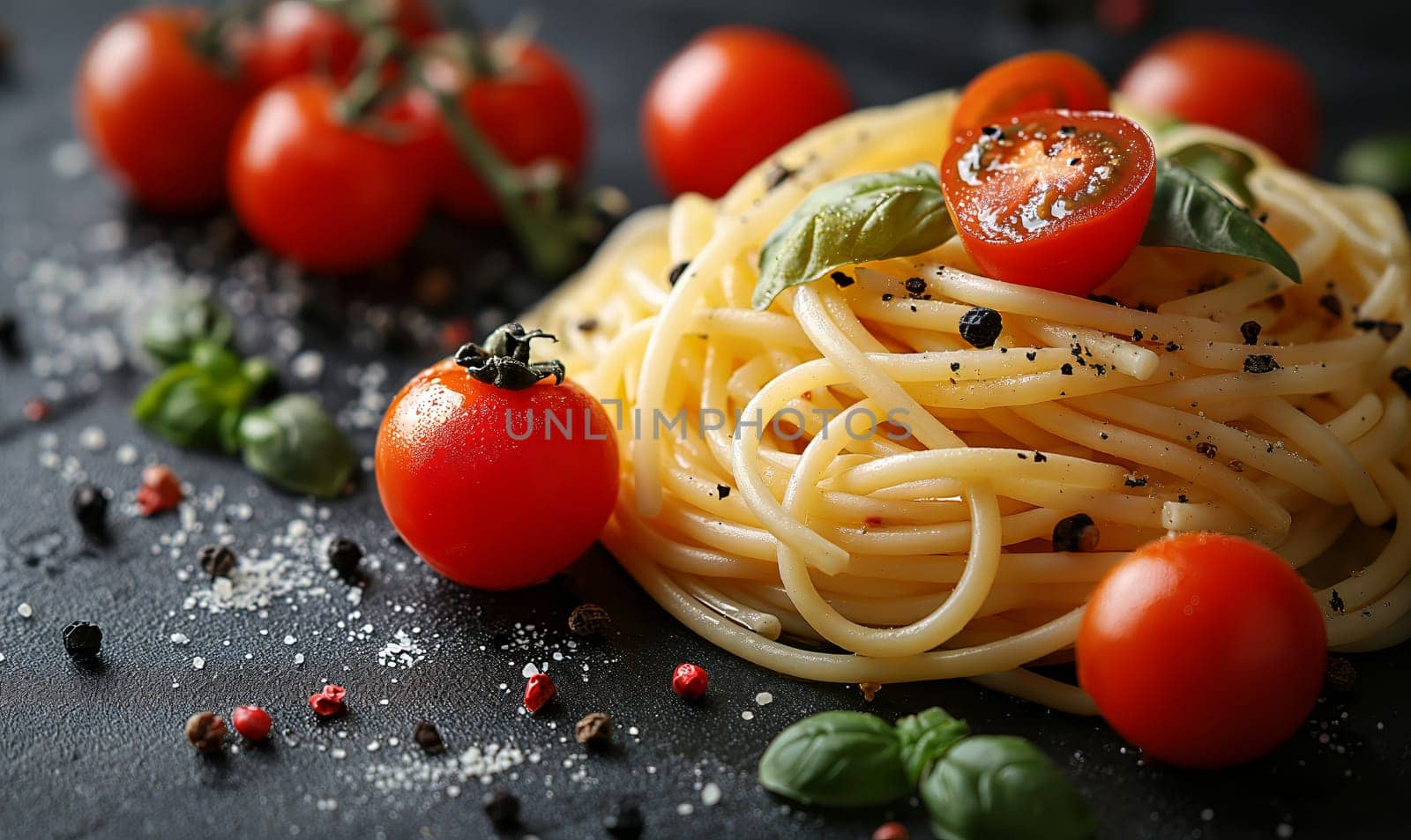 Tomatoes and basil on a dark background. Selective soft focus