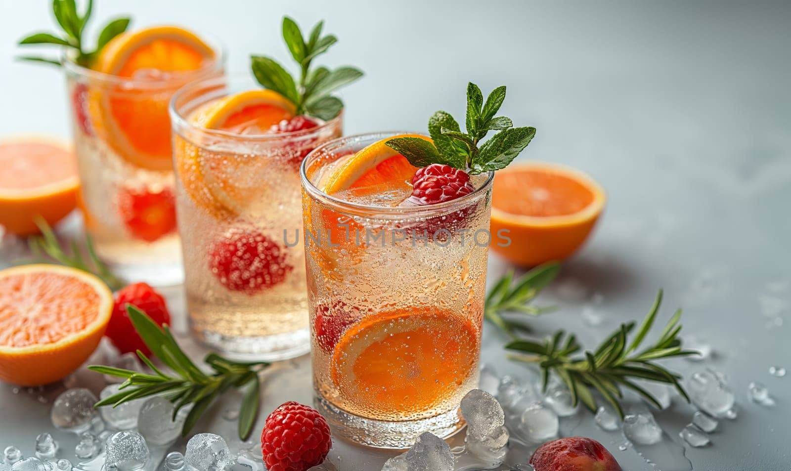 Drink with a slice of orange in a transparent glass. Selective soft focus.