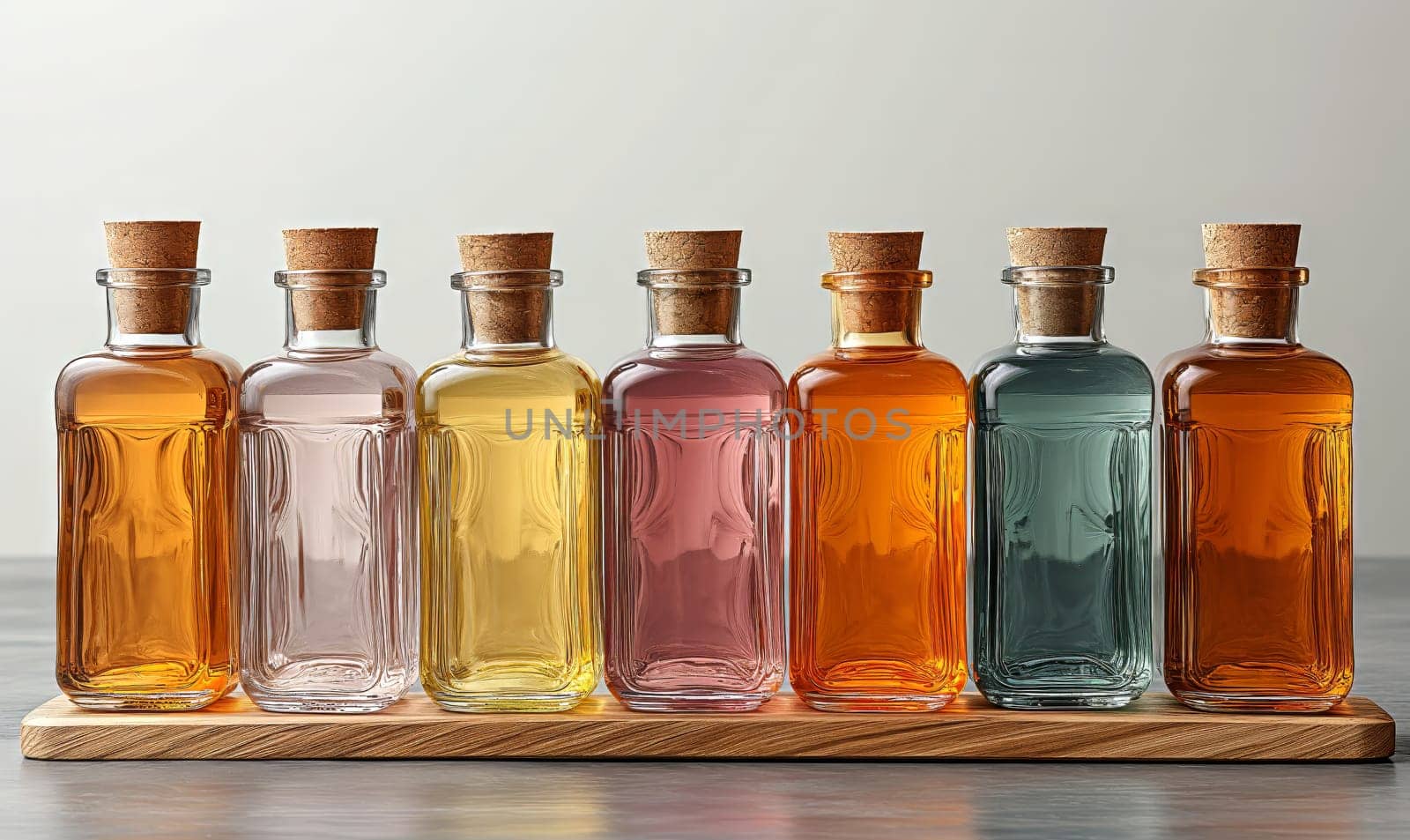 Empty transparent colored bottles on a light background. Selective soft focus.