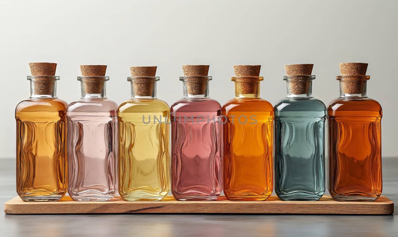 Empty transparent colored bottles on a light background. Selective soft focus.