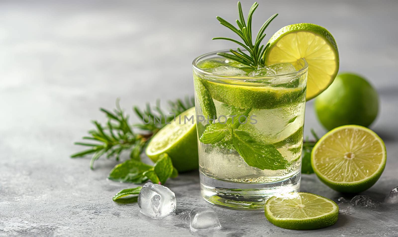 Drink with lemon on the table in a transparent glass. Selective soft focus.