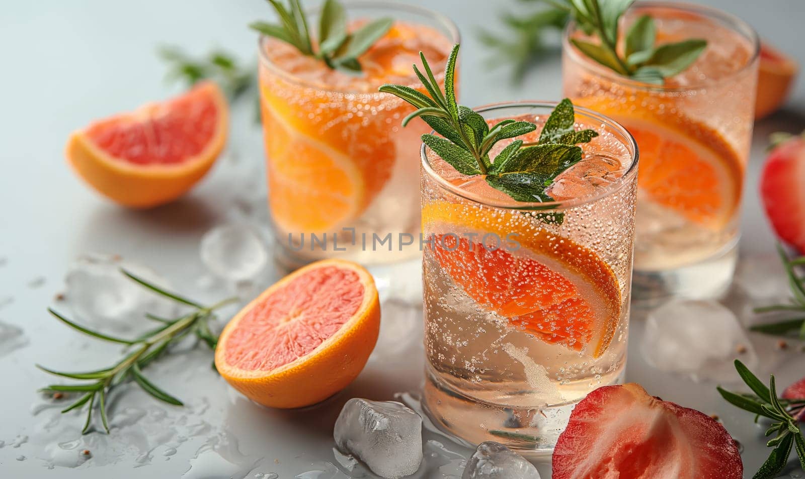 Drink with a slice of orange in a transparent glass. Selective soft focus.