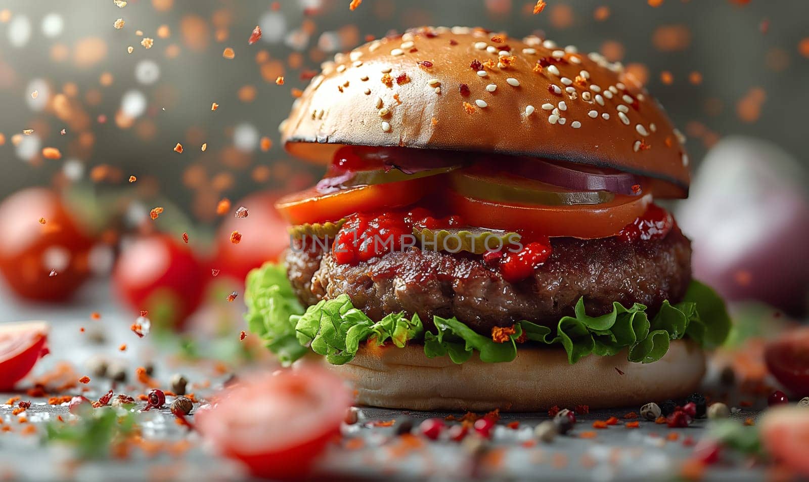 Juicy and tasty burger on a blurred background. by Fischeron