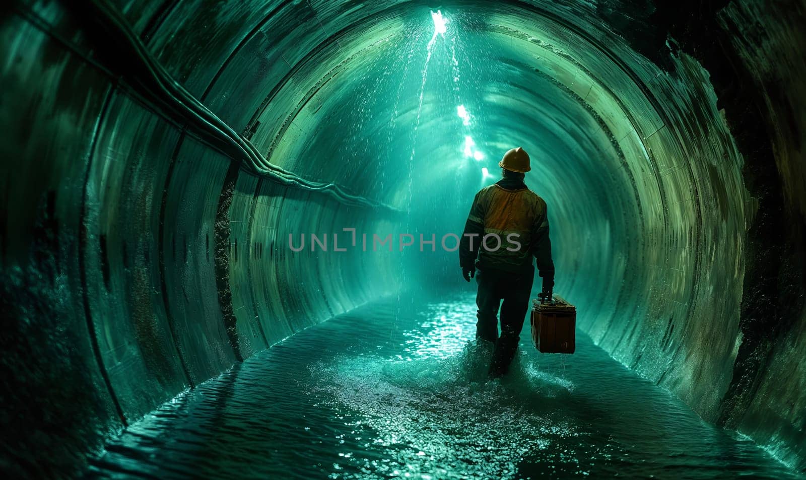 A worker walks in a round tunnel through water. Selective soft focus.