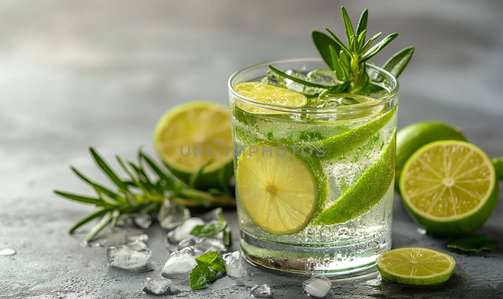 Drink with lemon on the table in a transparent glass. by Fischeron