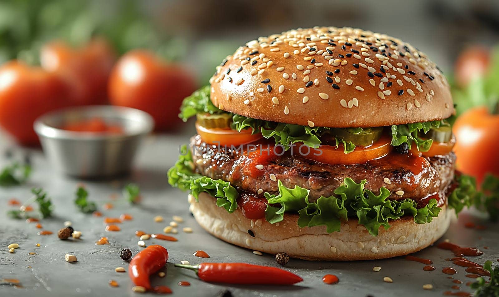 Juicy and tasty burger on a blurred background. by Fischeron