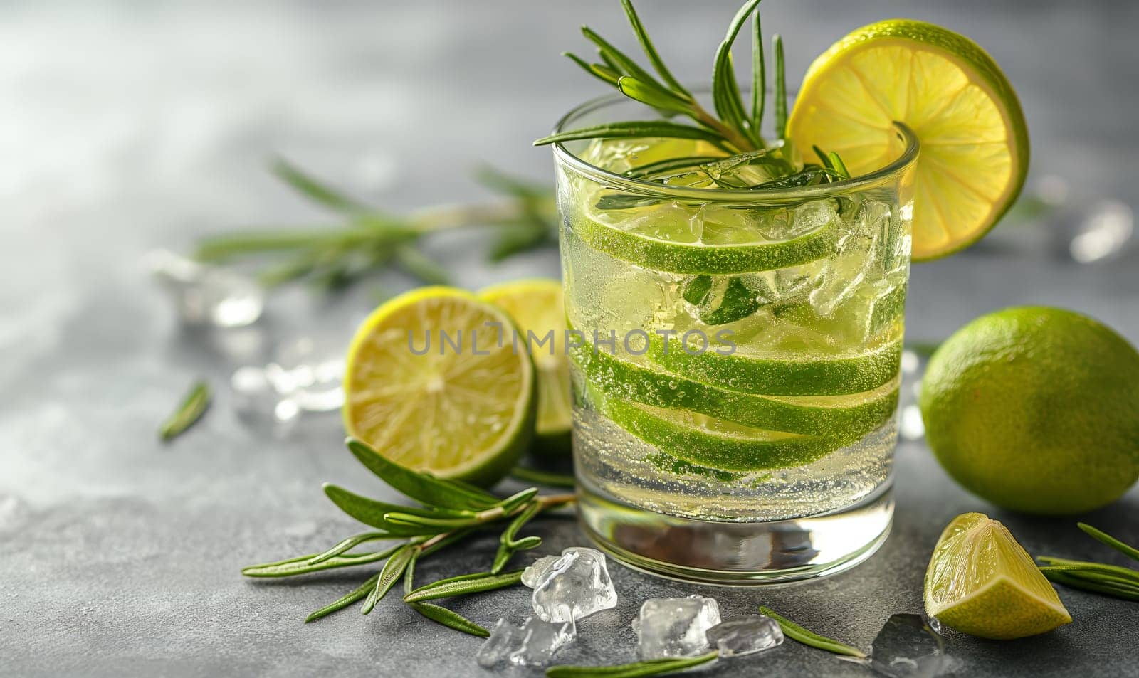 Drink with lemon on the table in a transparent glass. by Fischeron