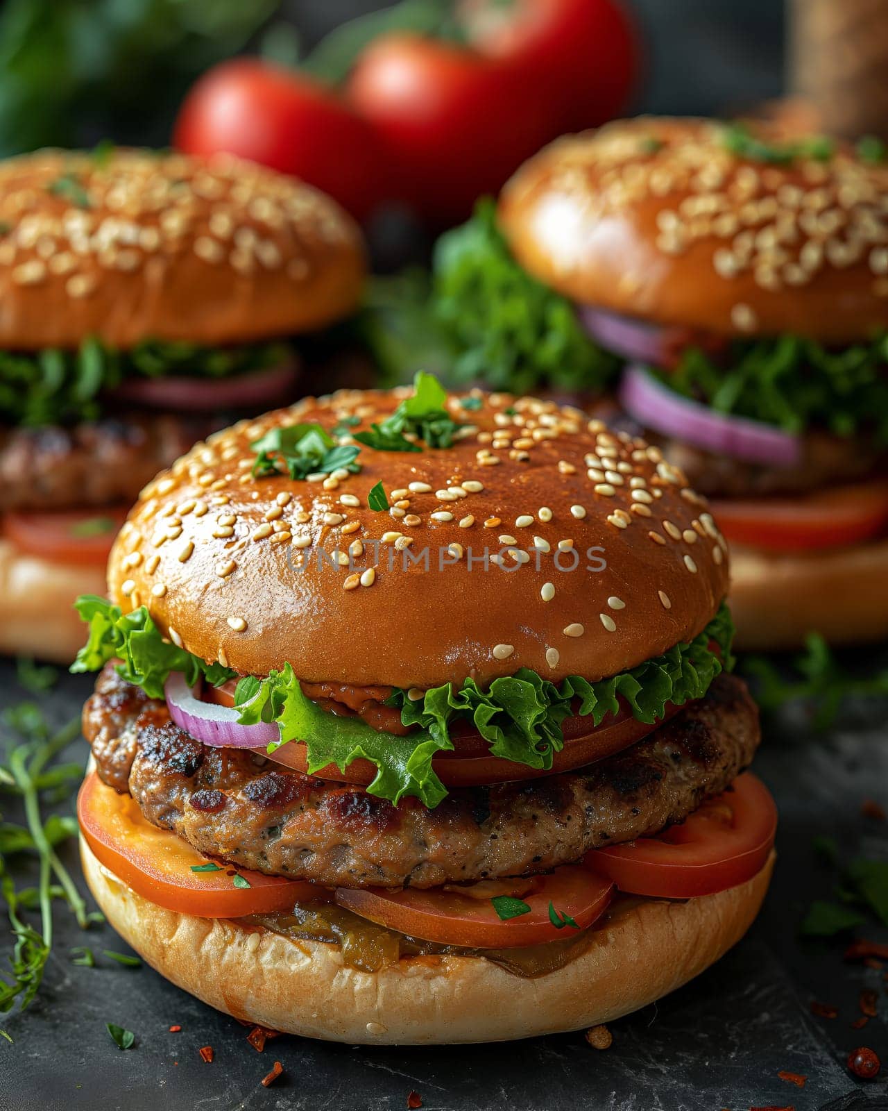 Juicy and tasty burger on a blurred background. Selective soft focus