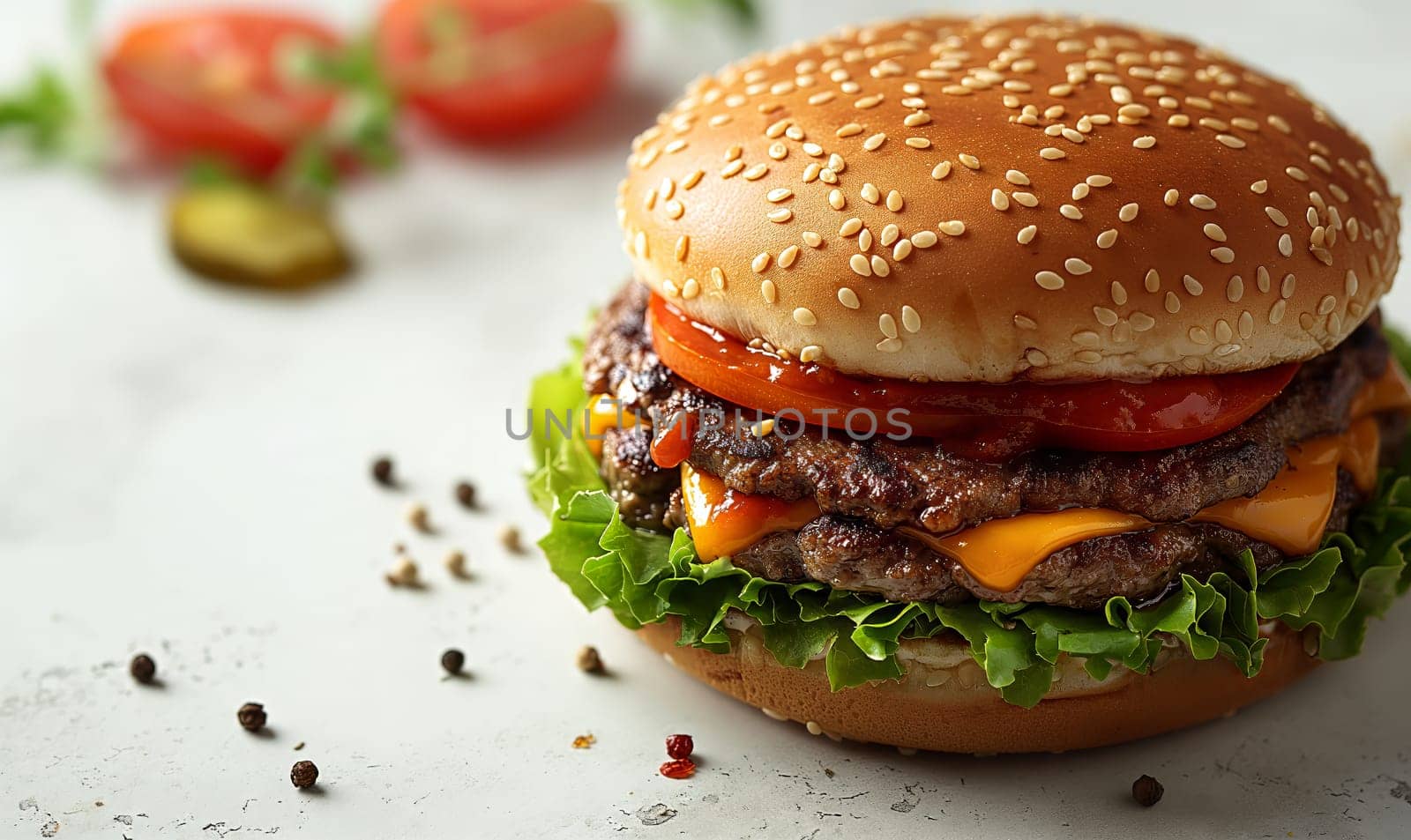 Juicy and tasty burger on a white background. Selective soft focus