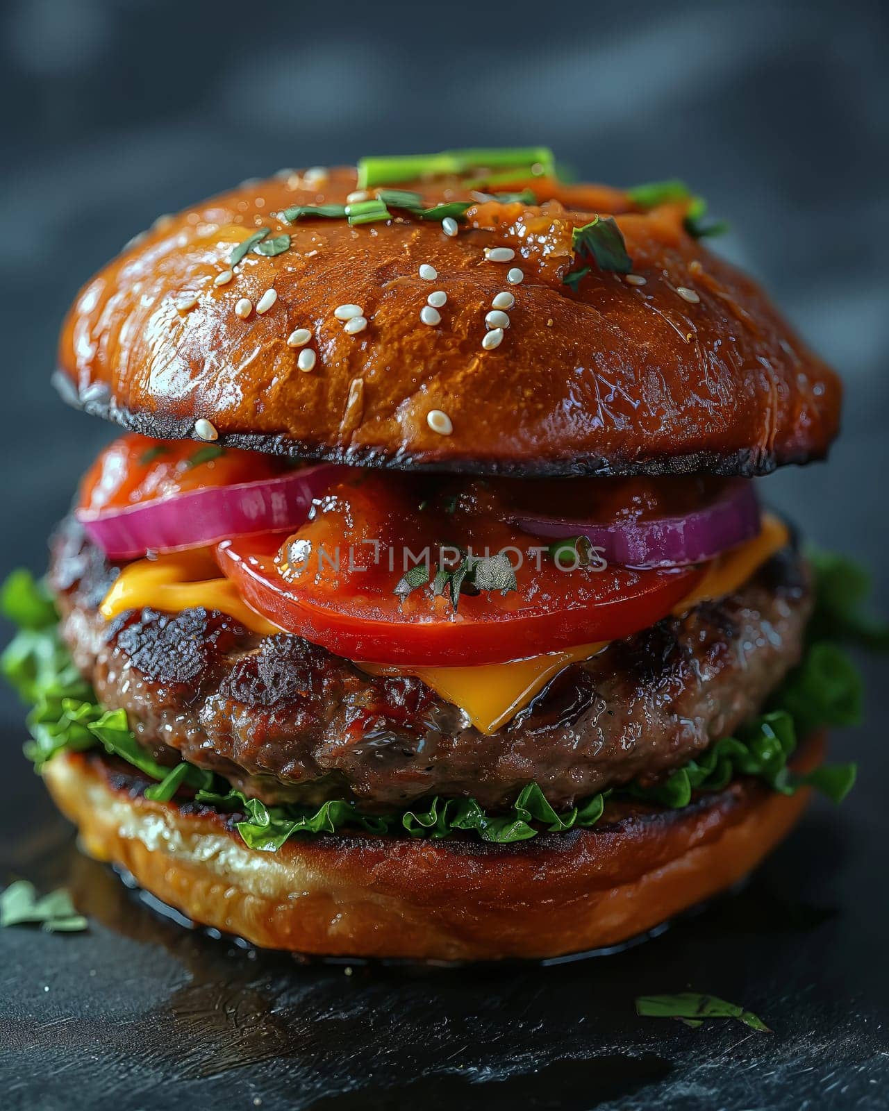 Juicy and tasty burger on a blurred background. by Fischeron