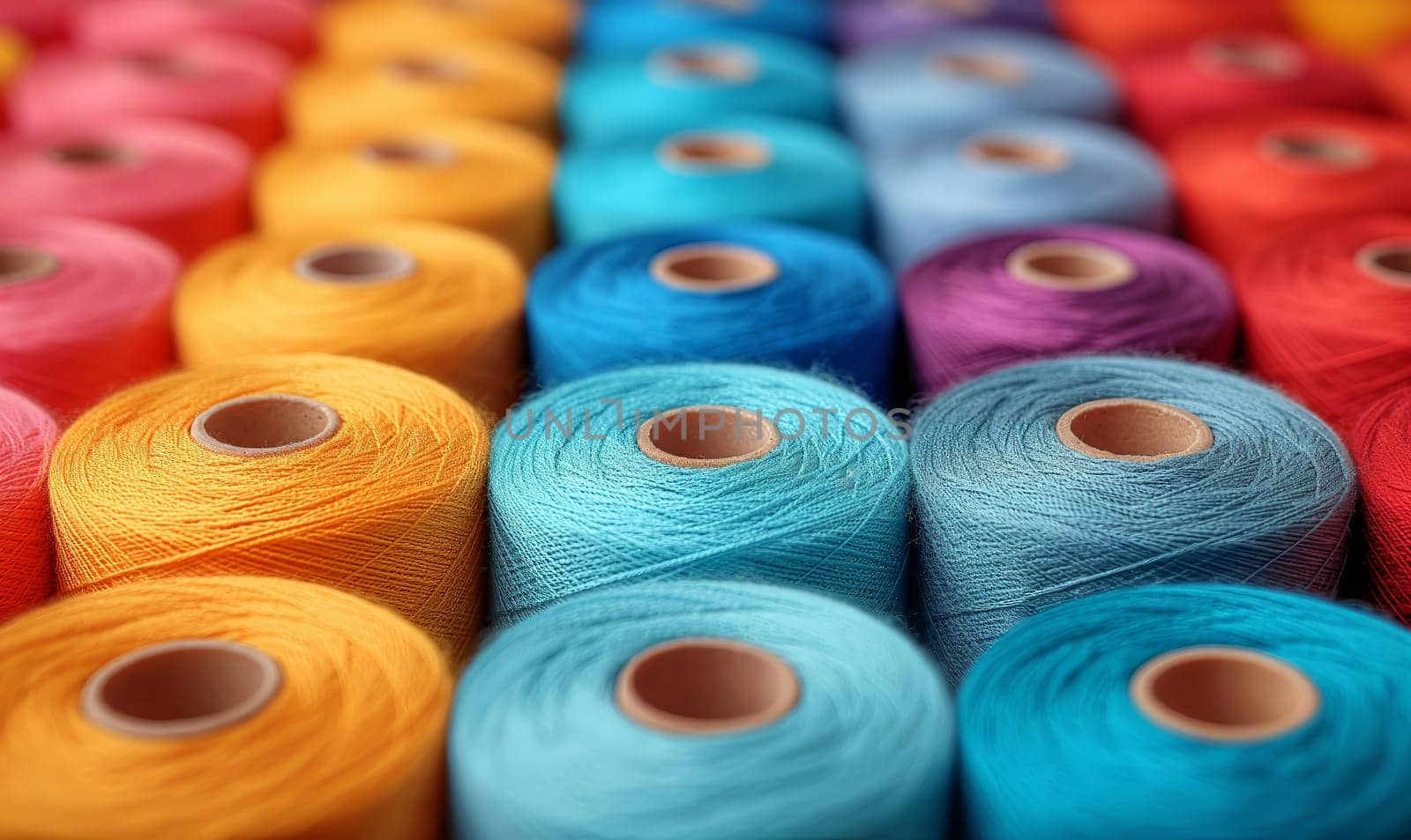 Creative background from spools of multi-colored threads. Selective soft focus.