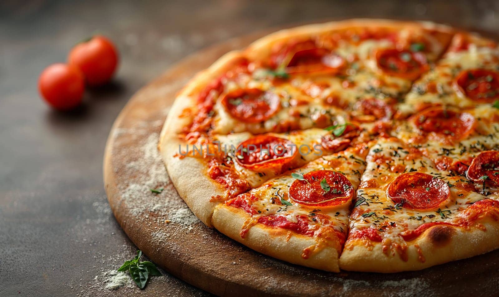 Appetizing pizza with sausage on the table. Selective soft focus.