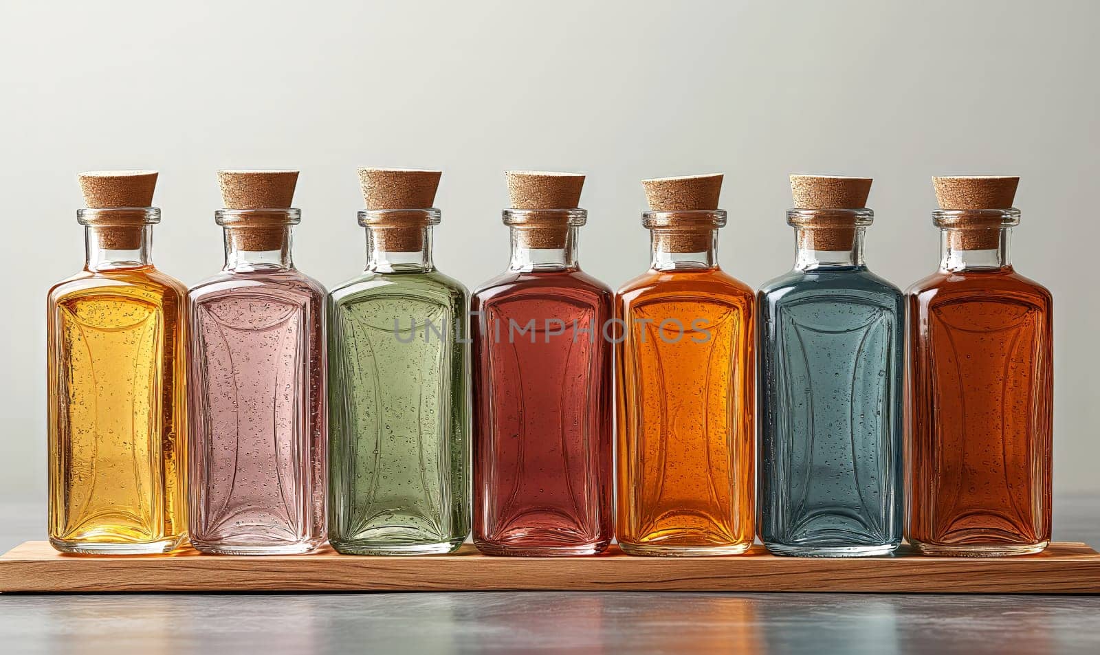 Empty transparent colored bottles on a light background. Selective soft focus.