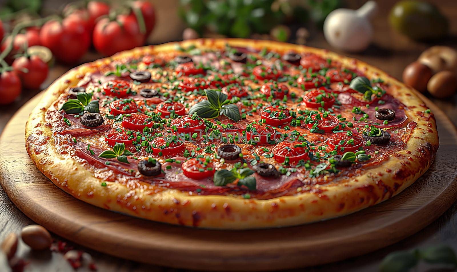 Appetizing pizza with sausage on the table. Selective soft focus.