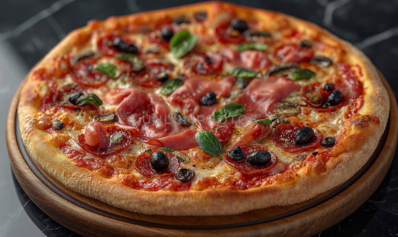 Appetizing pizza with sausage on the table. Selective soft focus.