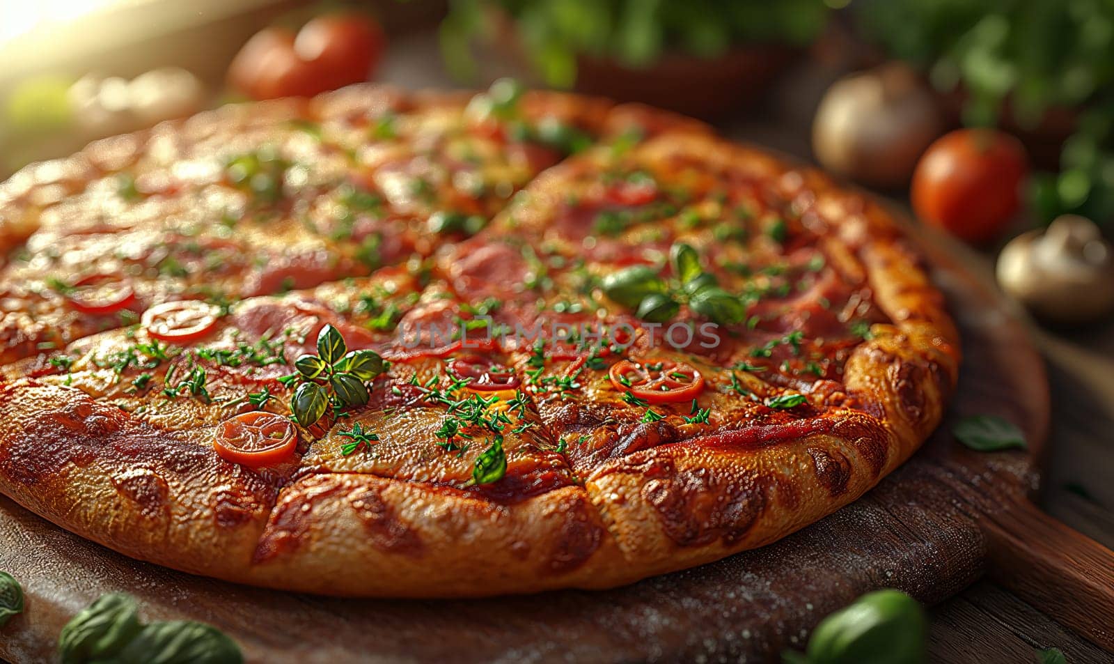 Appetizing pizza with sausage on the table. Selective soft focus.