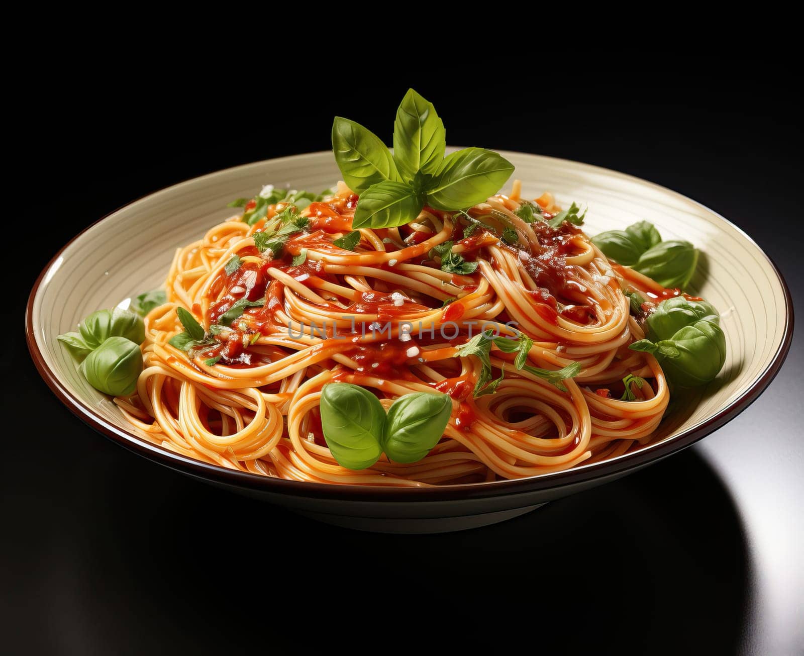 Plate of spaghetti with sauce on a dark background. by Fischeron