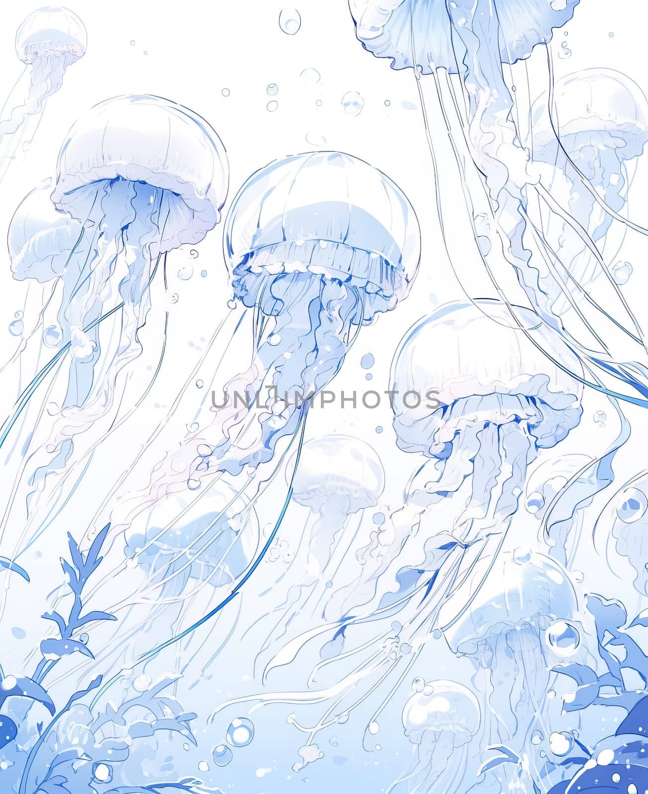 Illustration of a jellyfish on a white background. Selective soft focus