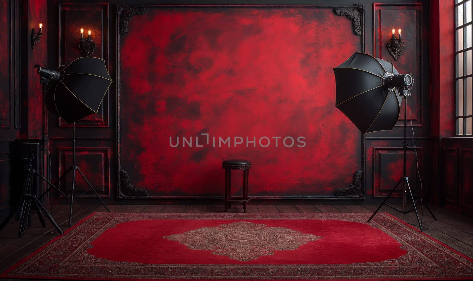 Photo studio with softboxes and red background. Selective soft focus.