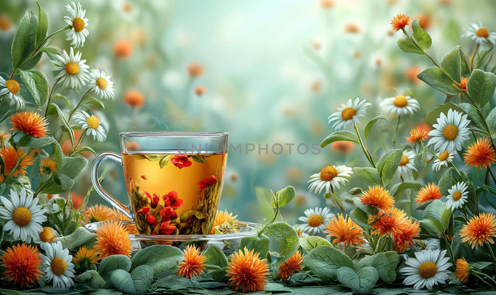 Floral tea in a transparent mug on a background with flowers. Selective soft focus