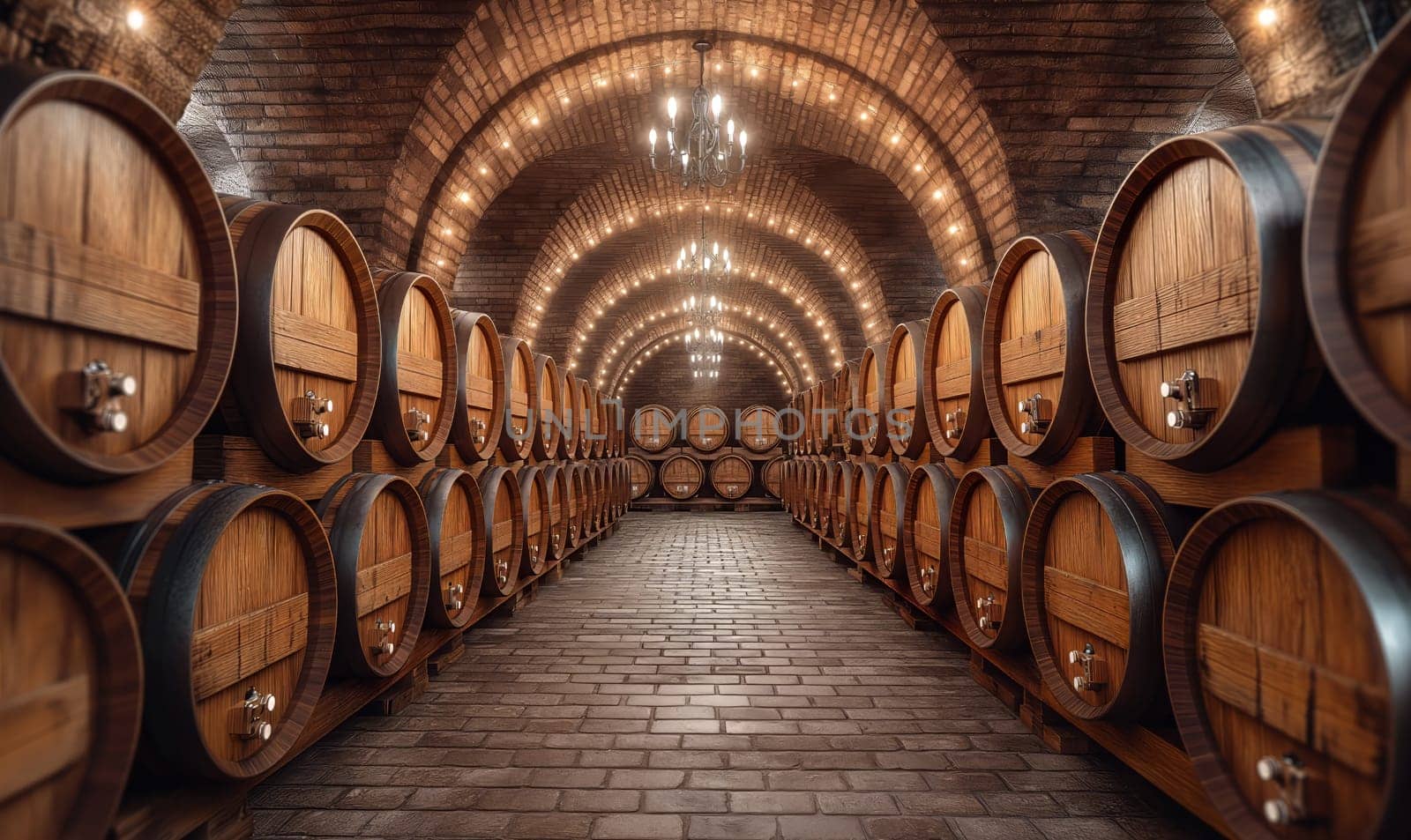 Large barrels in the cellar of the winery. Selective soft focus.