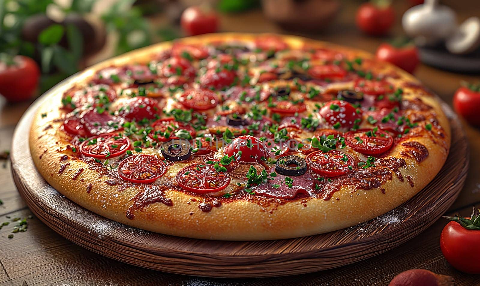 Appetizing pizza with sausage on the table. Selective soft focus.