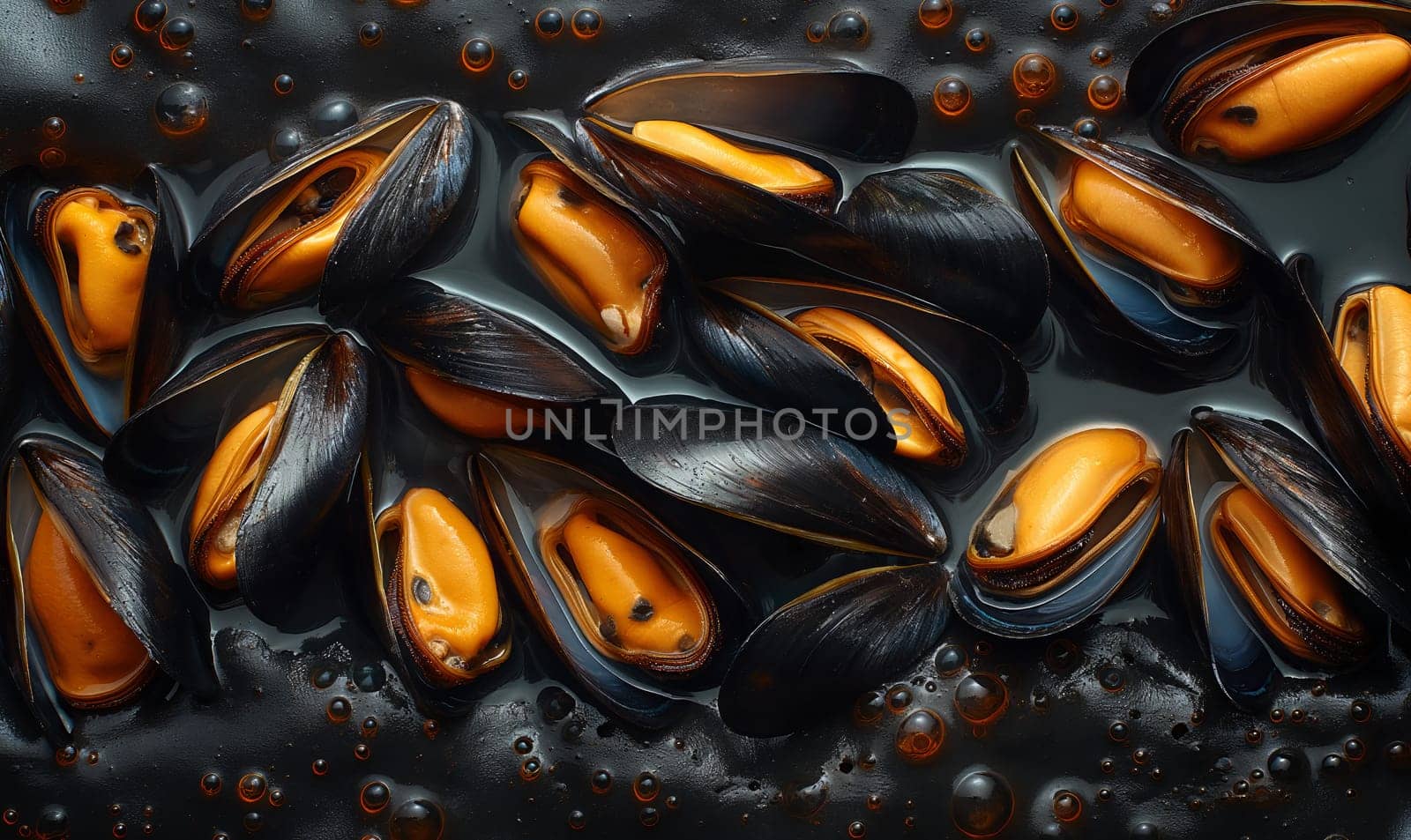 Mussels on a dark background top view. by Fischeron