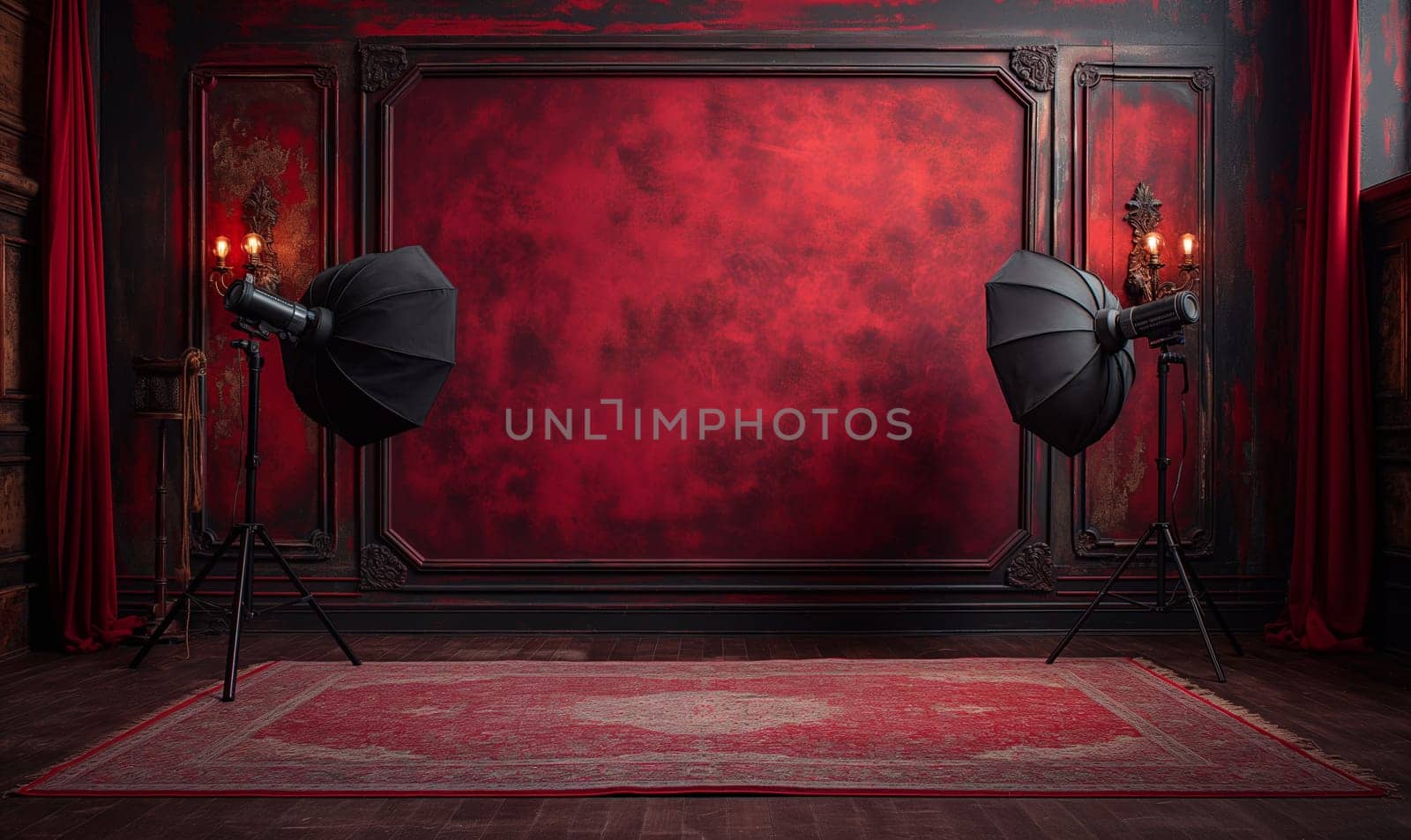Photo studio with softboxes and red background. Selective soft focus.