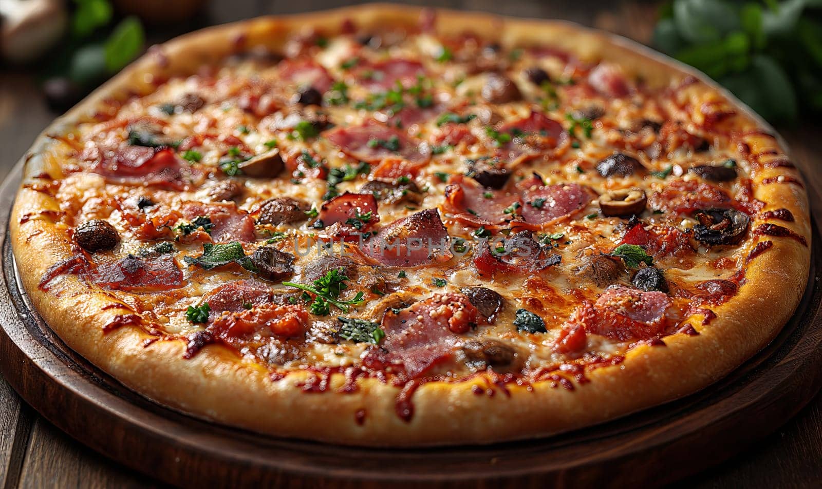 Appetizing pizza with sausage on the table. Selective soft focus.