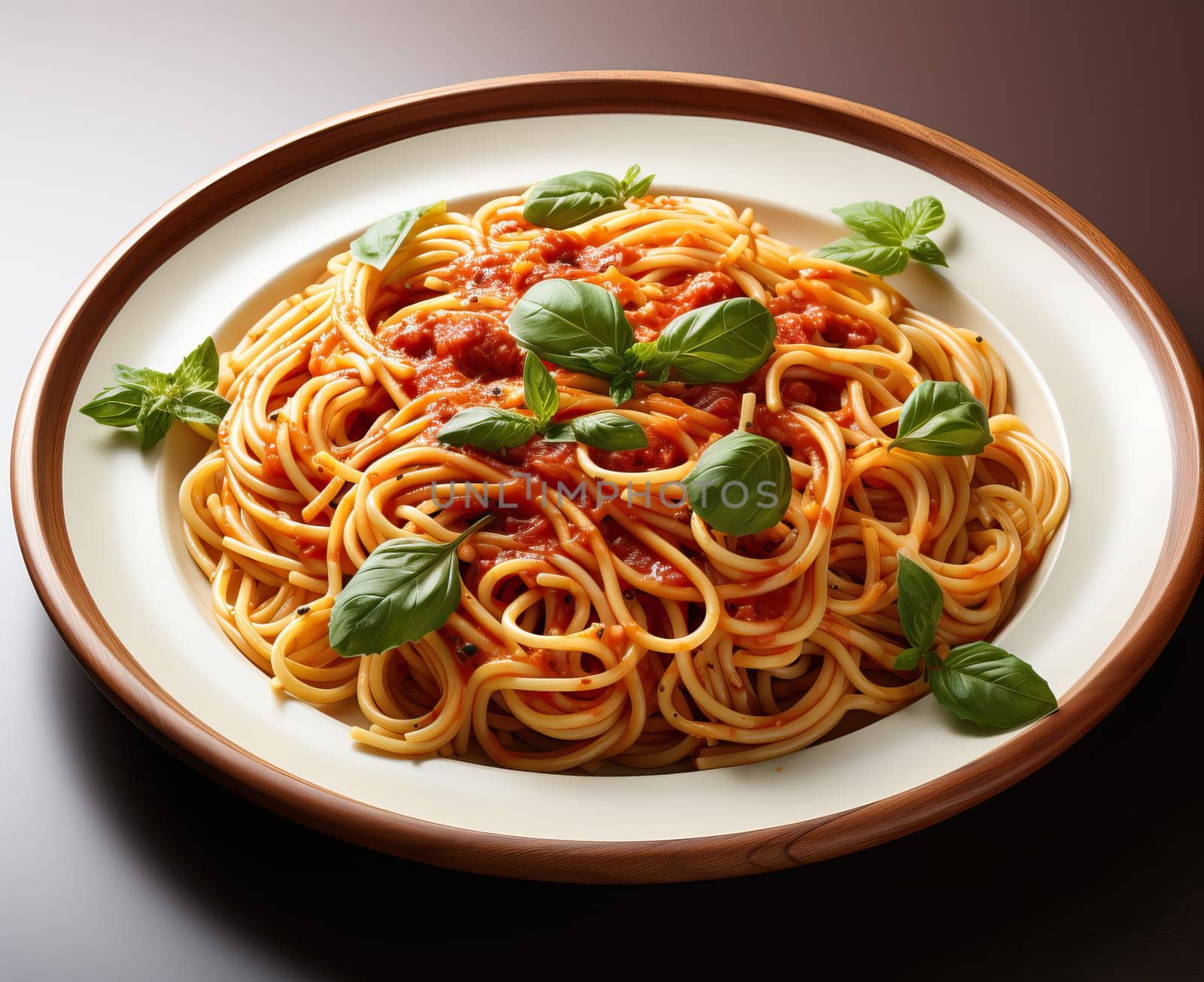 A plate of spaghetti with sauce on the table. Selective soft focus