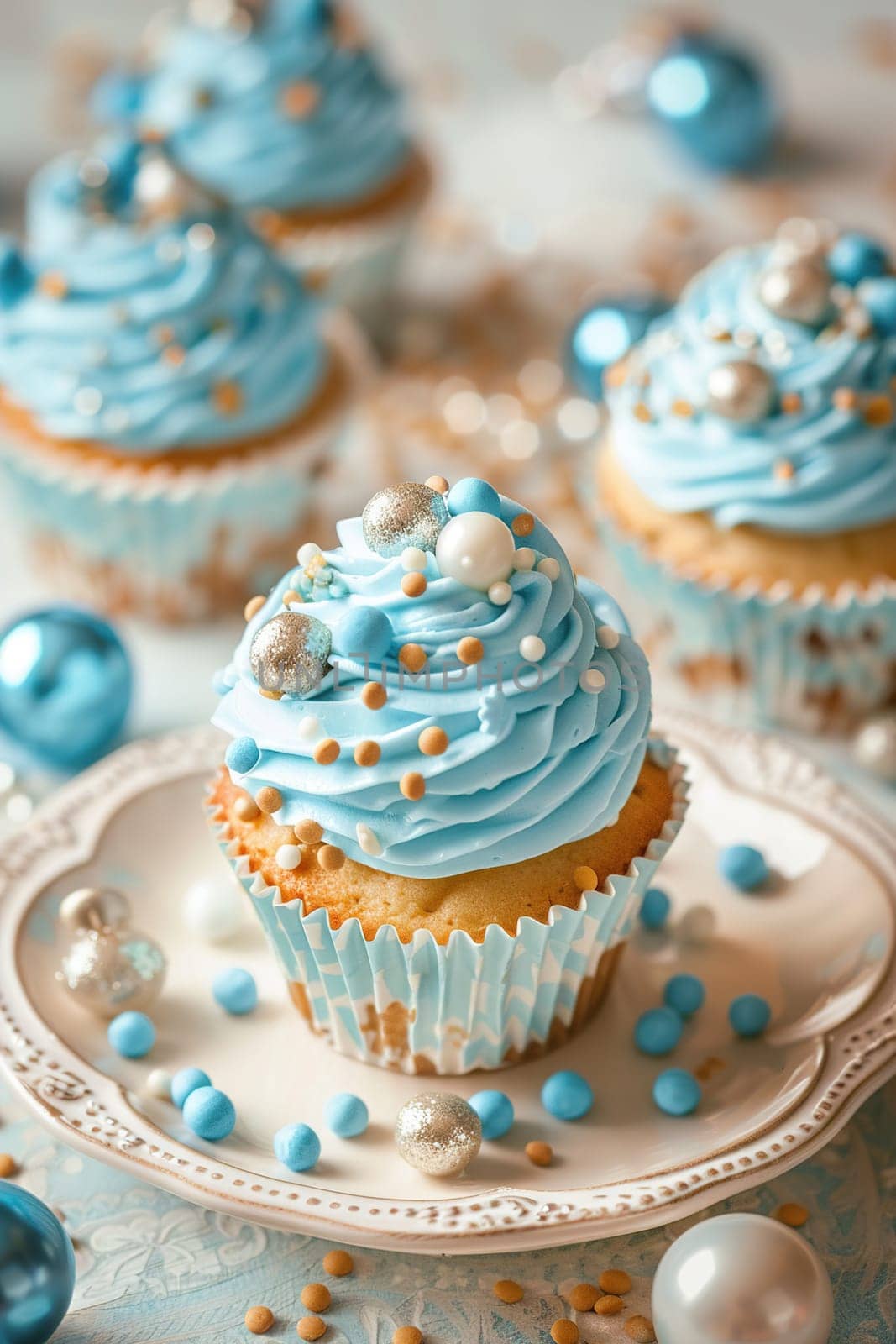 Delightful blue cupcakes perfect for baby showers, dessert blogs, bakery menus, and celebration themes, offering a sweet touch. Baby boy birth announcement. Generative AI