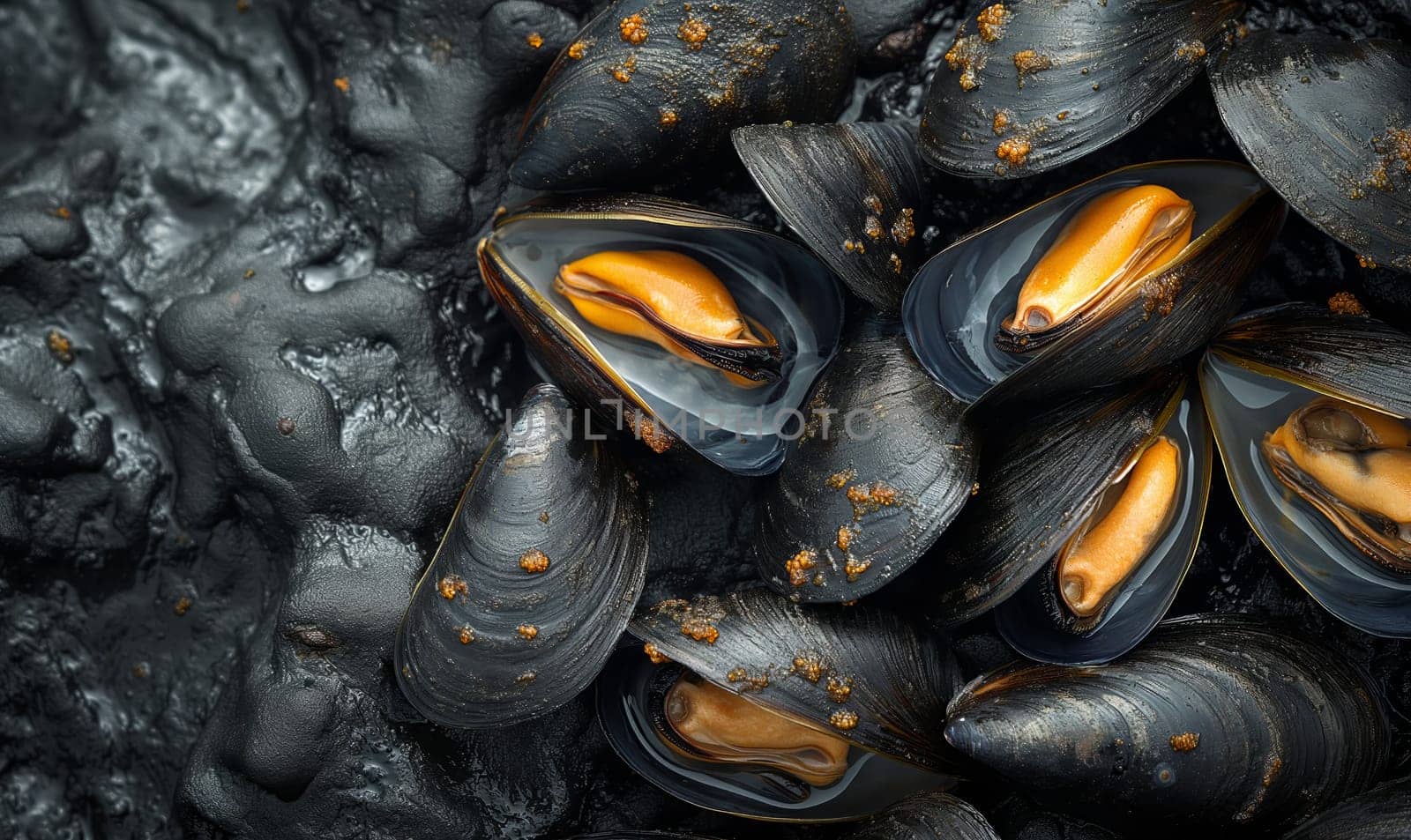 Mussels on a dark background top view. by Fischeron