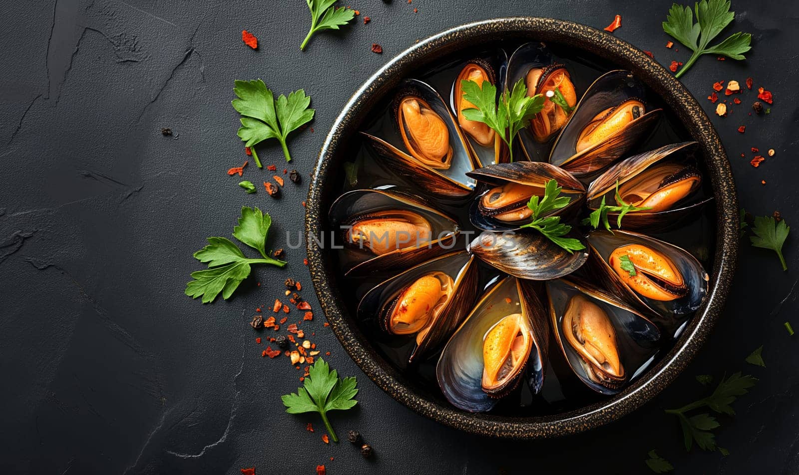 Mussels on a dark background top view. Selective soft focus.