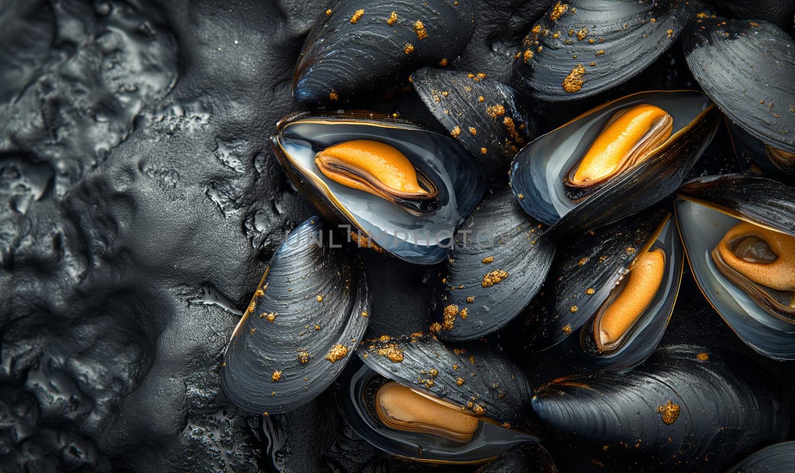 Mussels on a dark background top view. Selective soft focus.