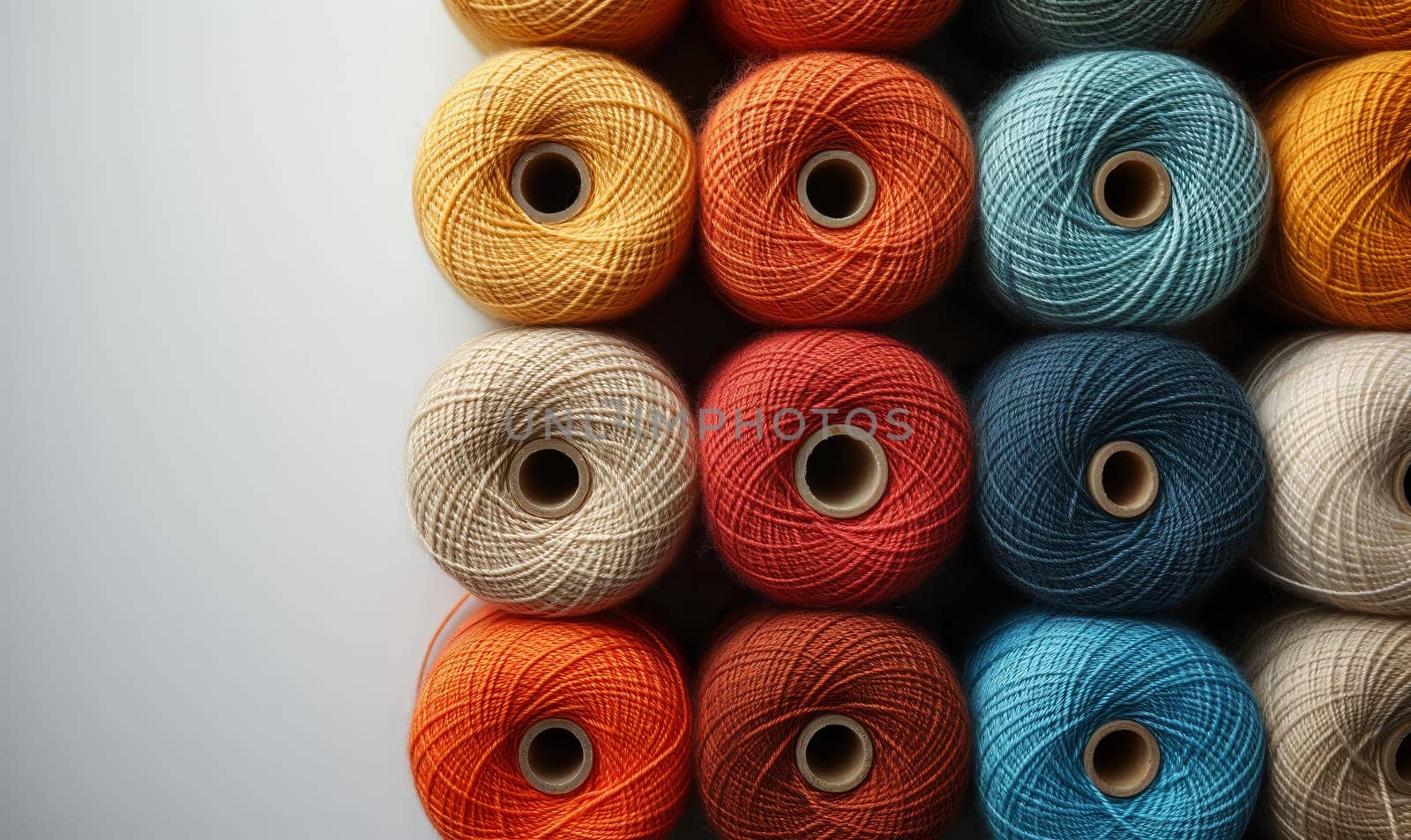 Spools of multi-colored threads on a white background. by Fischeron