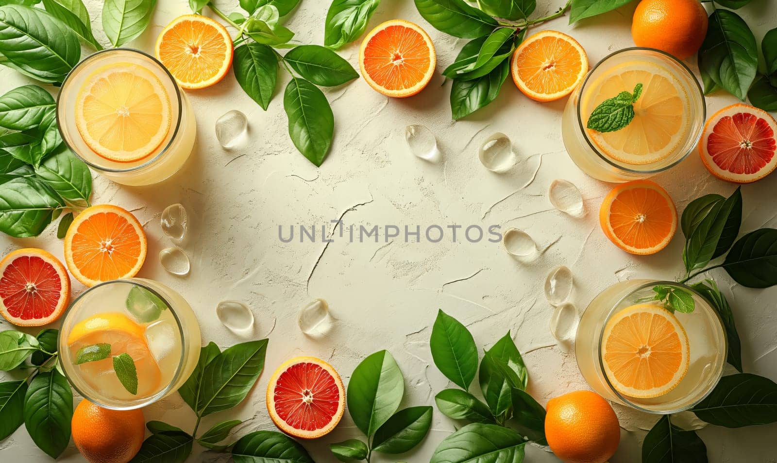 Fresh drink on a light background, top view. Selective soft focus.