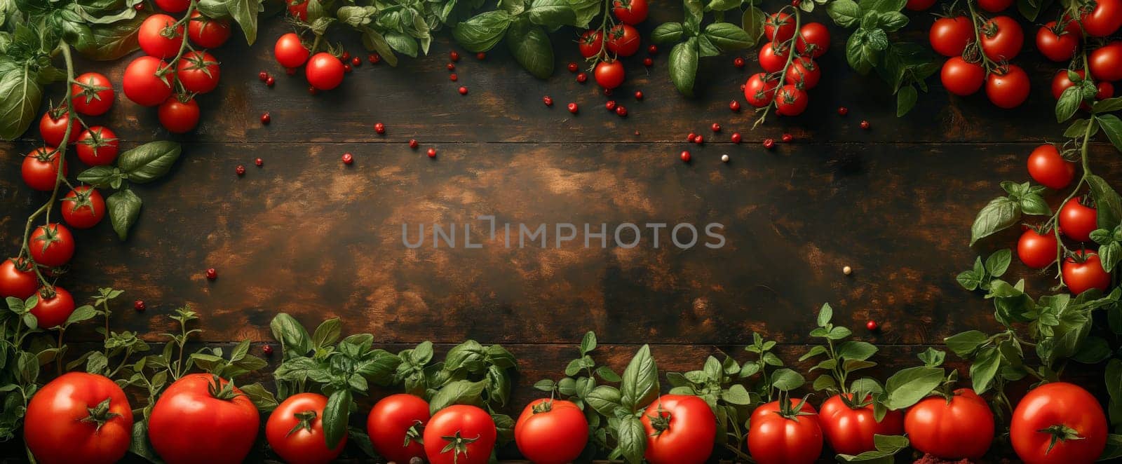 Tomatoes and basil on a dark background. Selective soft focus