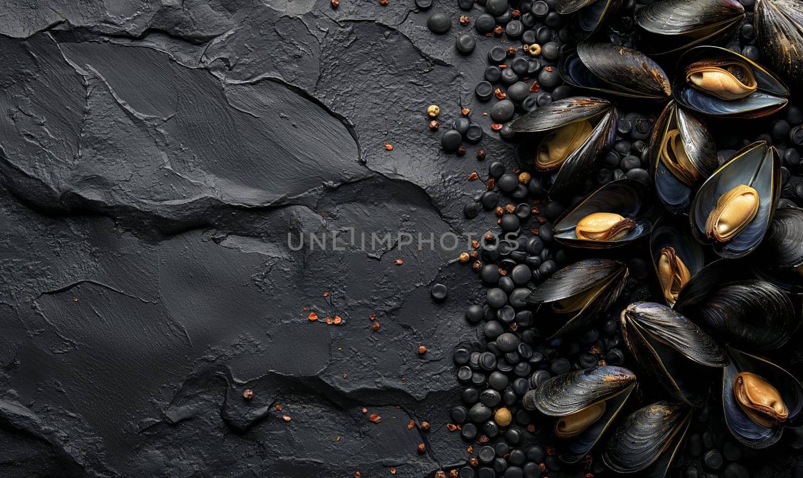 Mussels on a dark background top view. by Fischeron