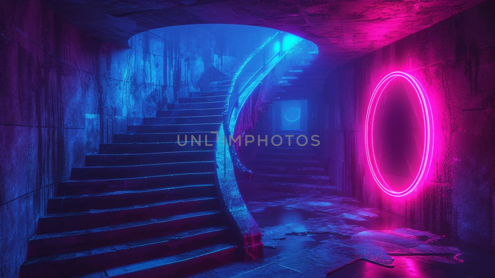 A stairway with a neon light and circular door in the middle