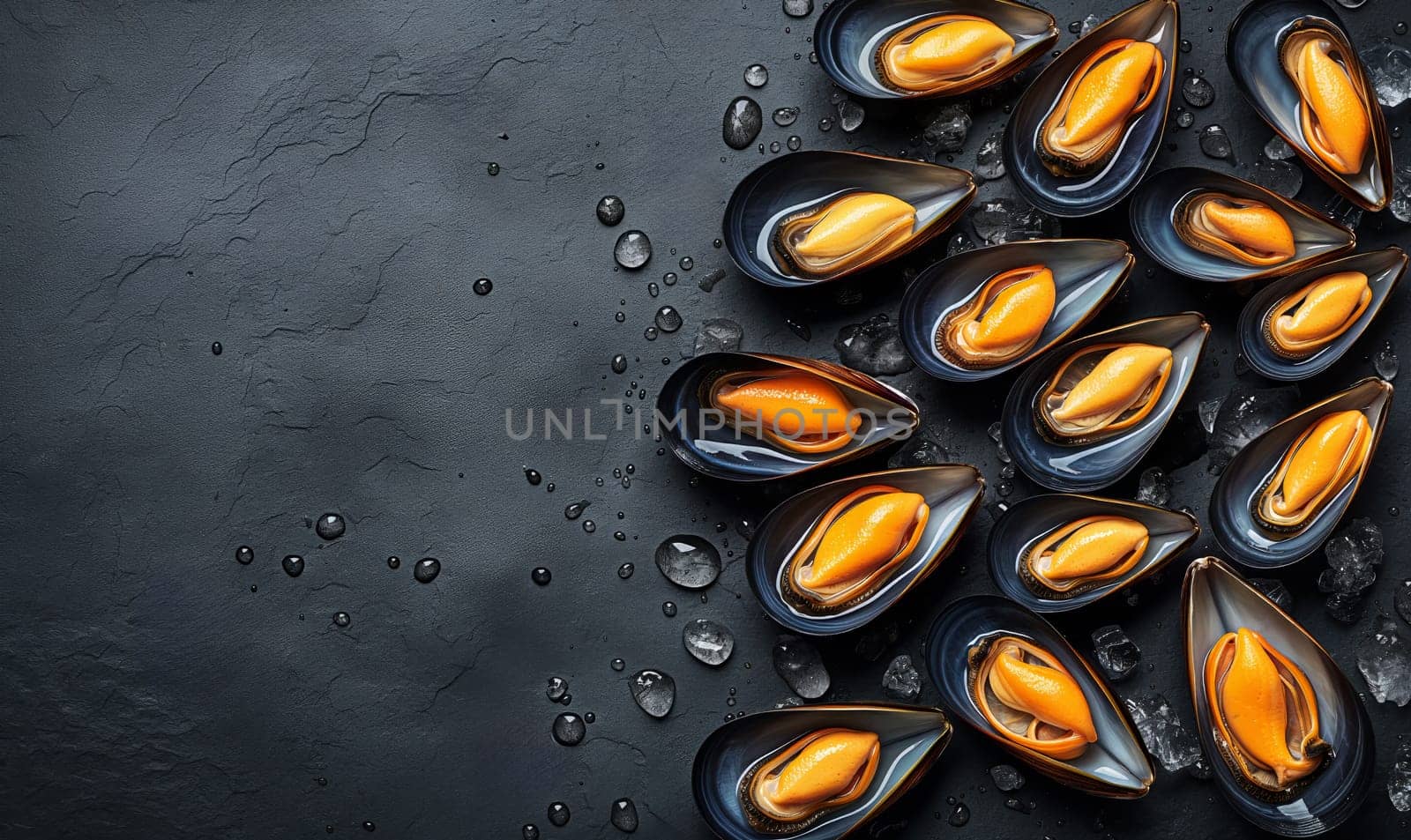 Mussels on a dark background top view. by Fischeron