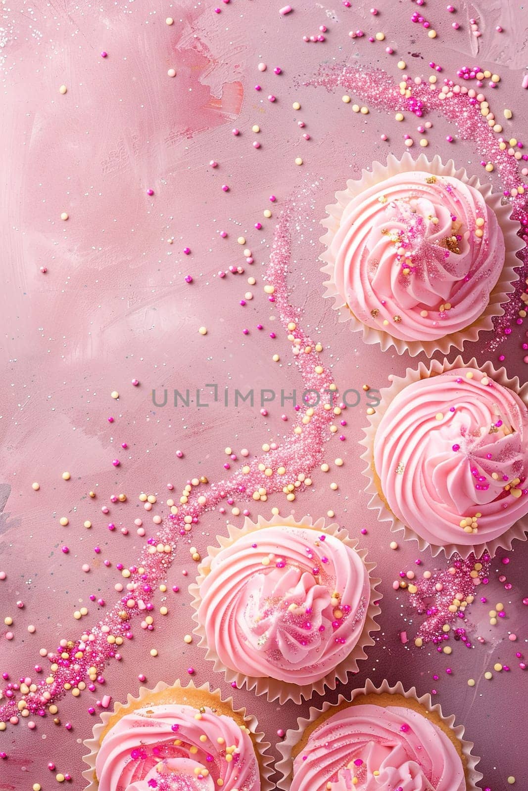 Pink vertical background with glittering cupcakes, copy space. Womens Day. Its a girl backdrop with empty space. Baby shower or birthday invitation, party. Baby girl birth announcement. Generative AI