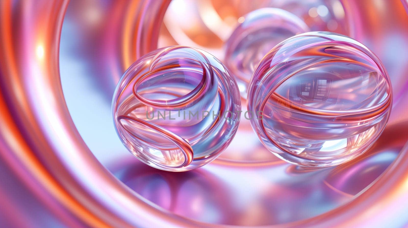 A close up of a glass sphere with an orange swirl