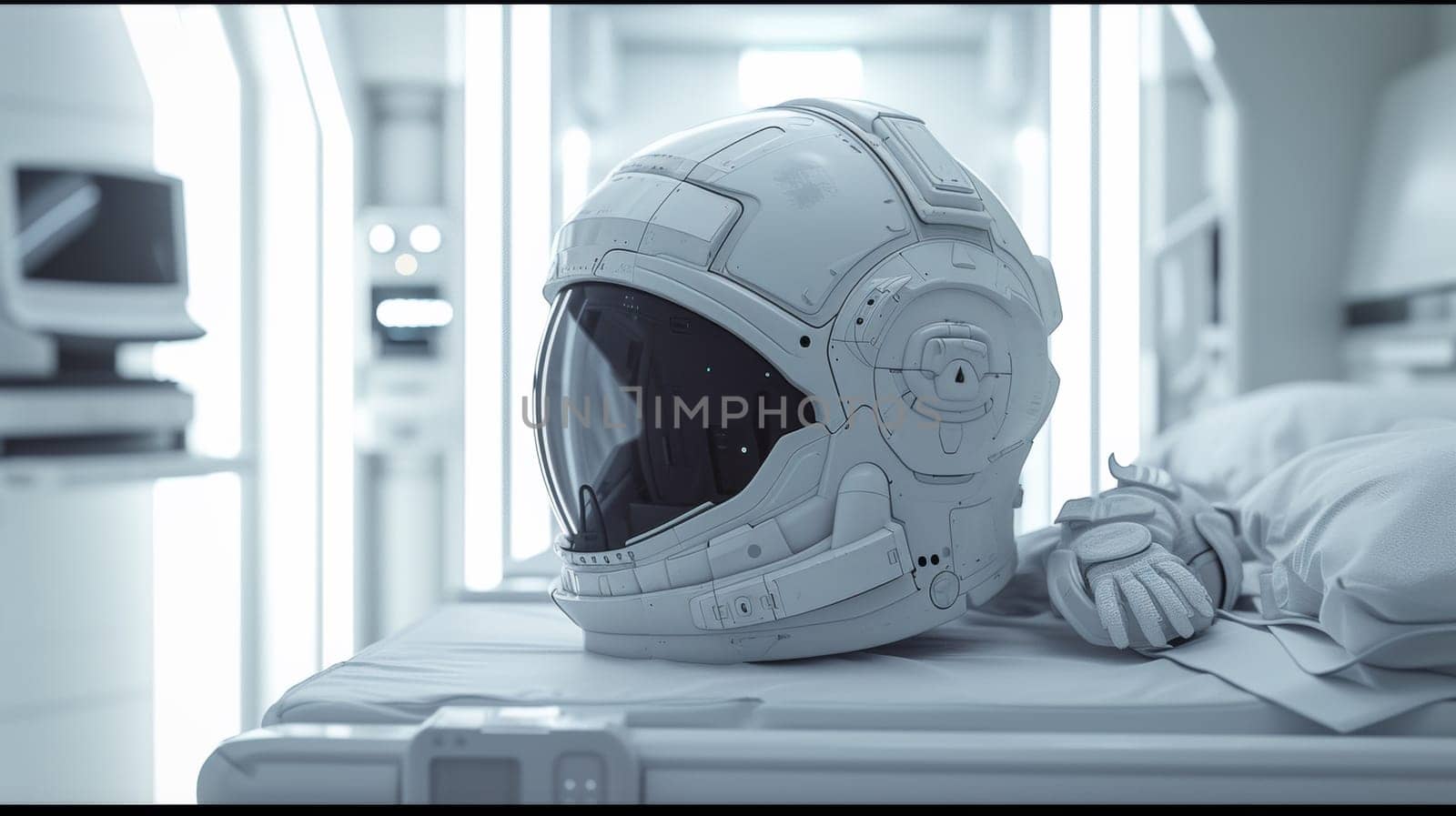 A white helmet on a bed in the hospital room