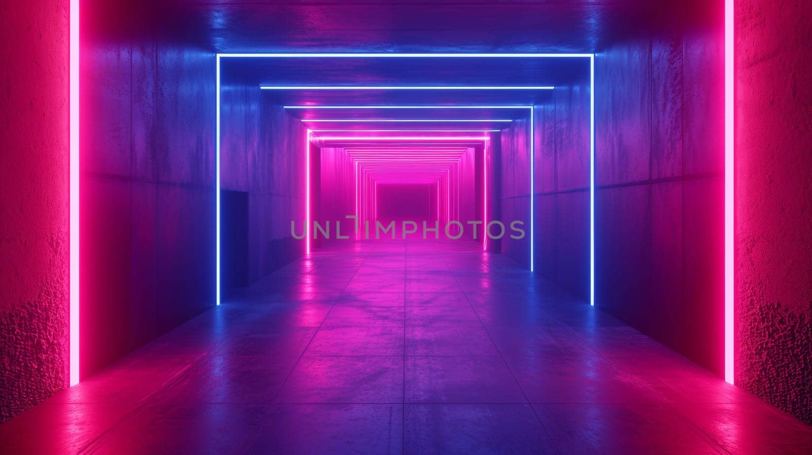 A long hallway with neon lights in it and a door
