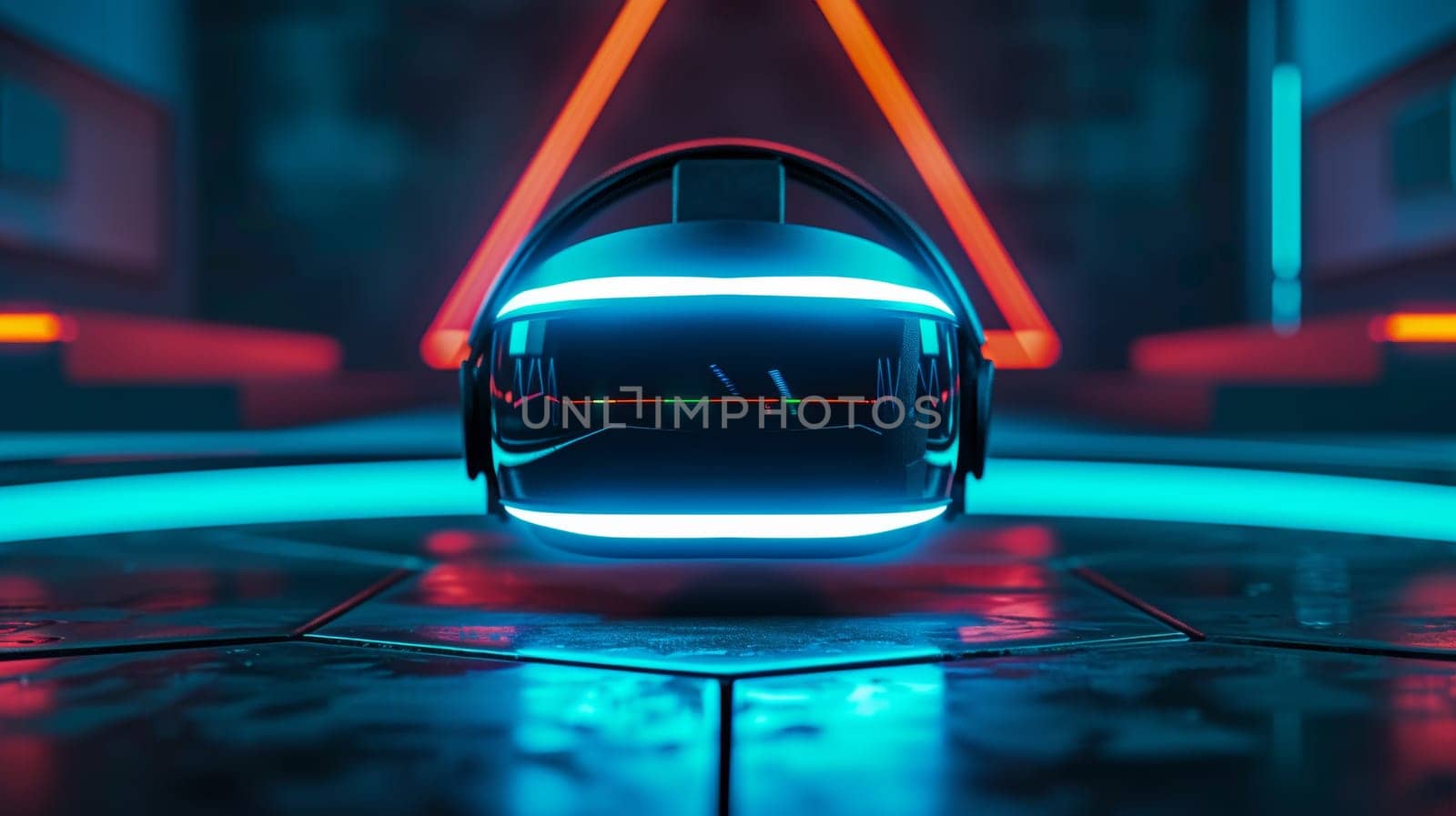 A futuristic looking helmet sitting on top of a tile floor