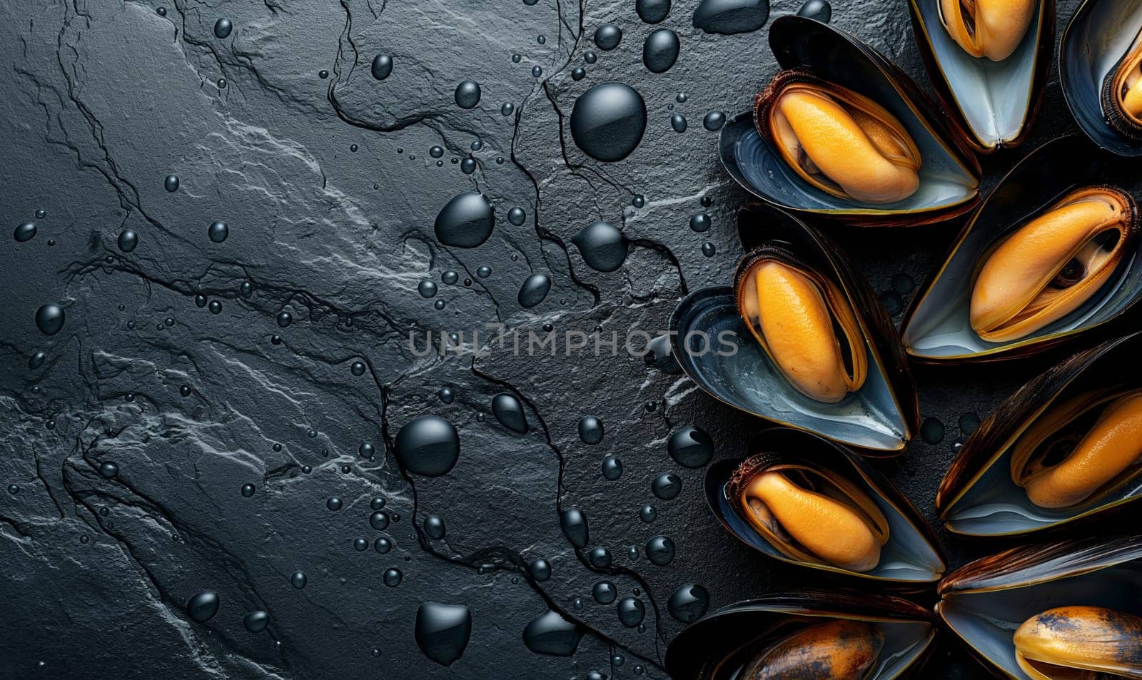 Mussels on a dark background top view. by Fischeron