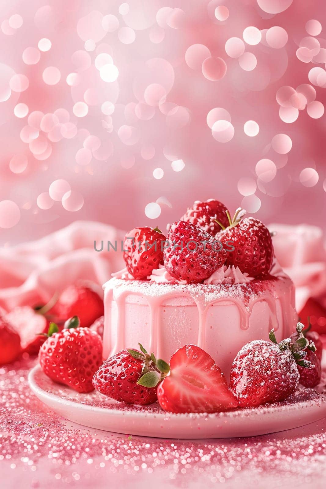 Pink vertical background with cake and strawberries, copy space. Women's Day. It's a girl backdrop with empty space. Baby shower or birthday invitation. Baby girl birth. Generative AI