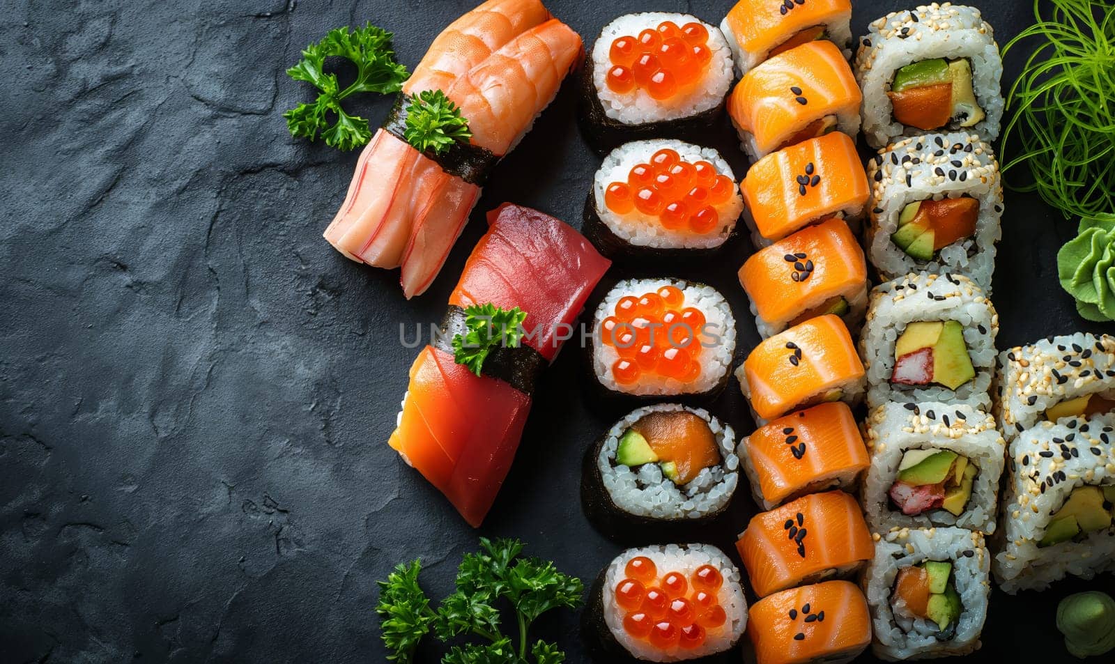 Sushi on the table on a blurred background. by Fischeron