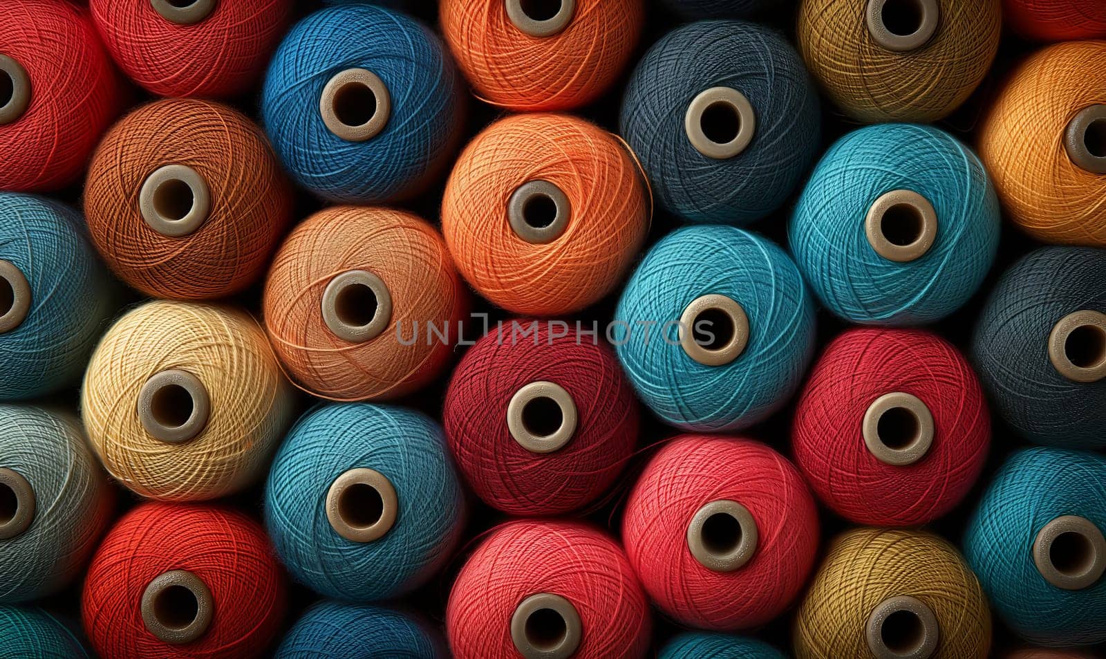 Creative background from spools of multi-colored threads. Selective soft focus.
